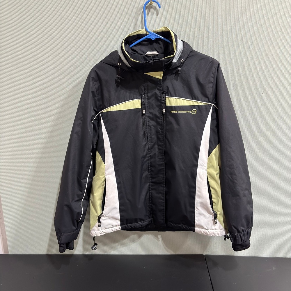 Free Country Womens Ski Jacket Black Chartreuse White Hooded Full Zip L G